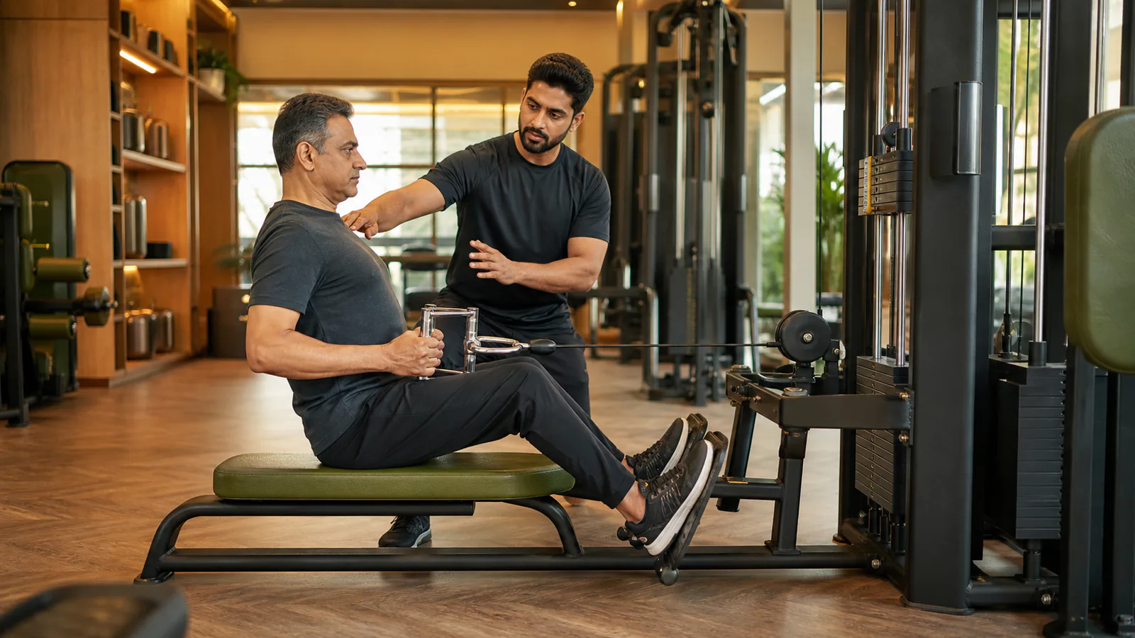Trainer guiding a member through a strength exercise